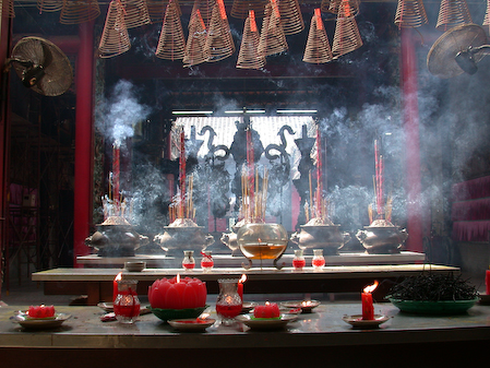 Vietnam, Ho Chi Minh City, December 2003.
Chinese temple.
Incense burning in a Chinese temple.
