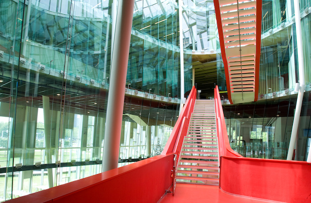 The Netherlands, Utrecht, June 2008.
Red stairs 2. 
The modern interior with red stairs in the Hijmans van den Bergh building, the Uithof, Utrecht University. 

