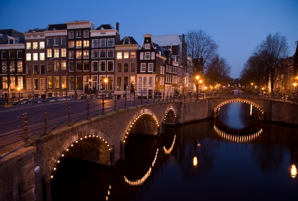The Netherlands, Amsterdam.
March 2007.
Amsterdam at night 2.
Canal houses at dawn in Amsterdam.
